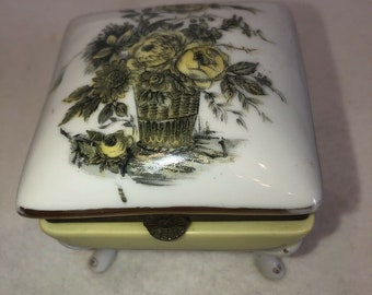 Vintage Porcelain Hinged Trinket Box Marked Victorian Style Nice Yellow Roses