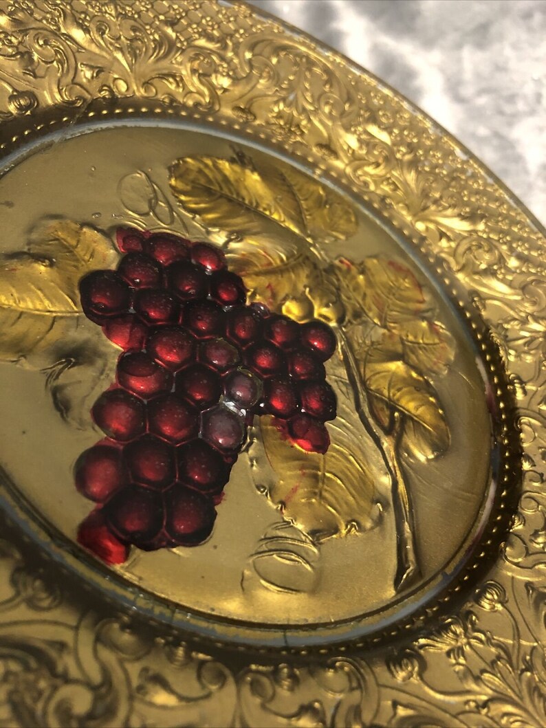 Gold Glass Plate 8.25\u201d With Grape Embedded Reversed Etched Design
