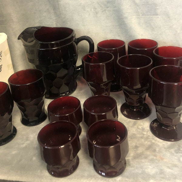 Royal Ruby Red Pitcher Set Anchor Hocking 13 Pieces Nice Condition Faceted