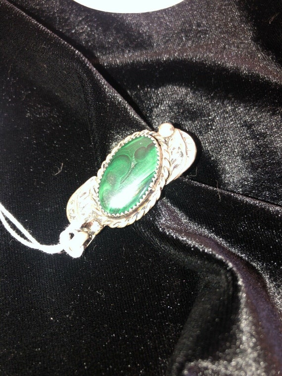 Vintage Malachite And Silver Pendant Hand Tooled - image 8