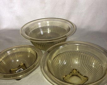 Vintage FEDERAL GLASS 1940's Amber Ribbed Mixing Bowl Set Of 3 Stacking Nice