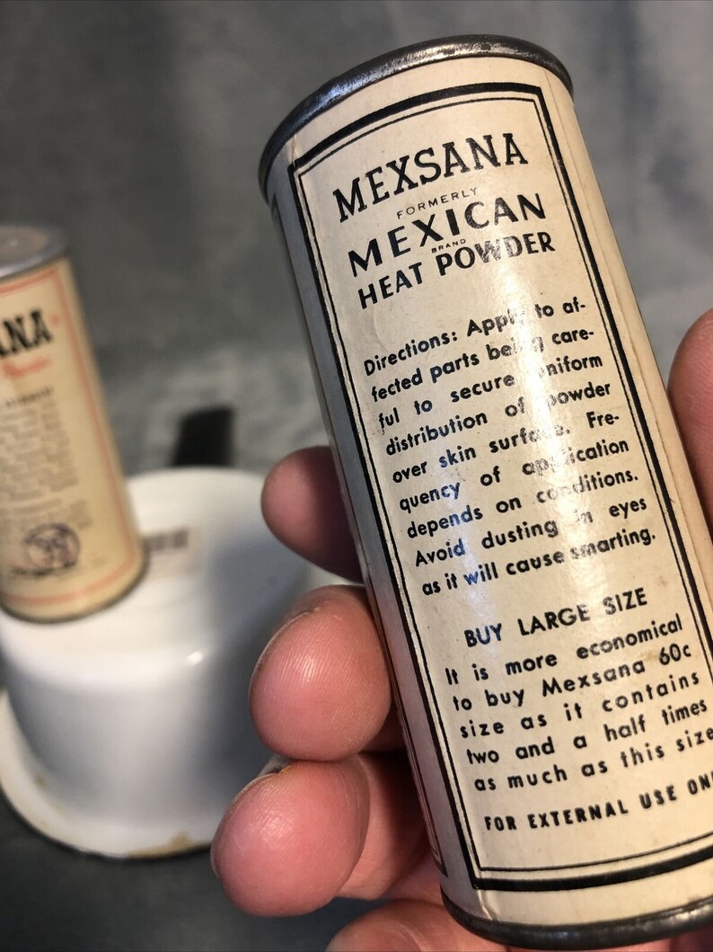 Lot of 2 Vintage Mexsana Heat Powder Tin Can 3.75\u201d Tall 2.5 oz Size