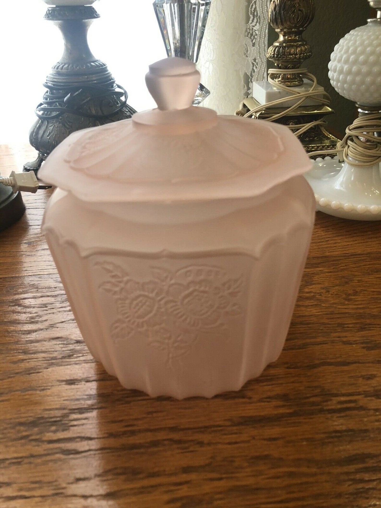 Frosted Pink Depression Glass Biscuit Jar With Lid 1930s Great Etsy