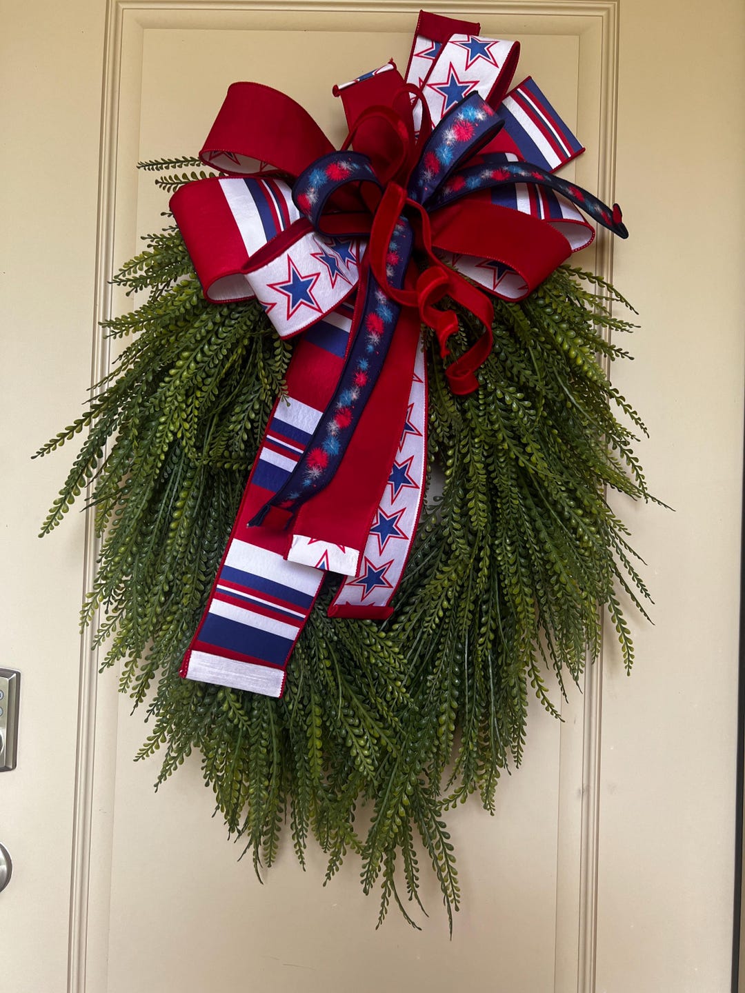 Patriotic Door Swag With Red White Blue Firework Ribbons | 4th of July ...