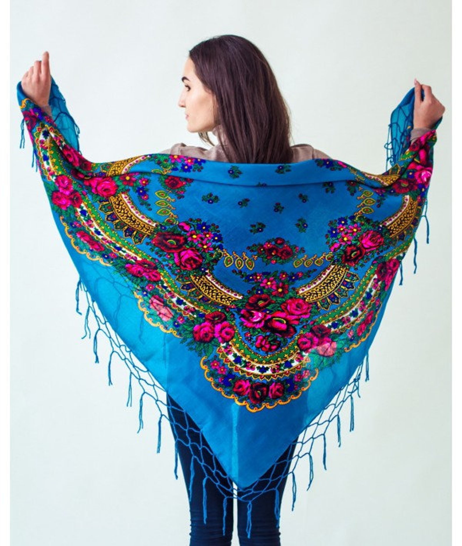Ethnic light blue large pashmina shawl Pavlovo posad blue | Etsy