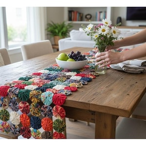 Handmade 2 Yo-Yo Quilt Textile Art Boho Table Runner Wall Hanging Cottagecore