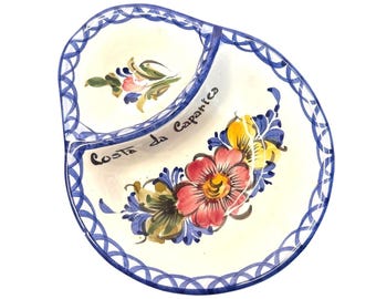 Hand Painted Portugal Costa da Caparica Floral Divided Ceramic Serving Dish
