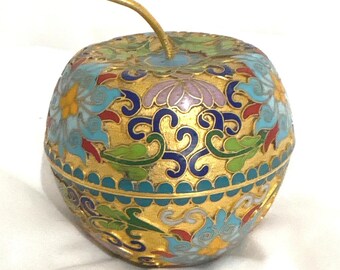 Vintage Cloisonne Enamel Apple Trinket Box Gold Floral Decorative Jewelry Case
