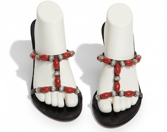Pelle Moda Wedge Sandals 7M Brown Leather Red Coral Beaded Crystal T-Strap Slide