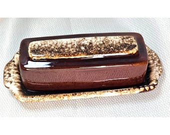 VTG Hull Pottery Mirror Brown Drip Glaze Butter Dish Vintage MCM Oven Proof USA