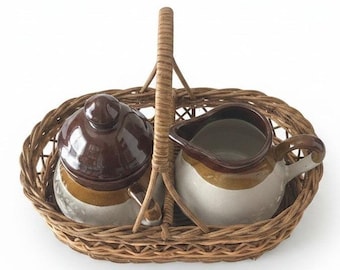 Rosenthal Netter Vintage Stoneware Cream and Sugar Set with Wicker Basket Brown