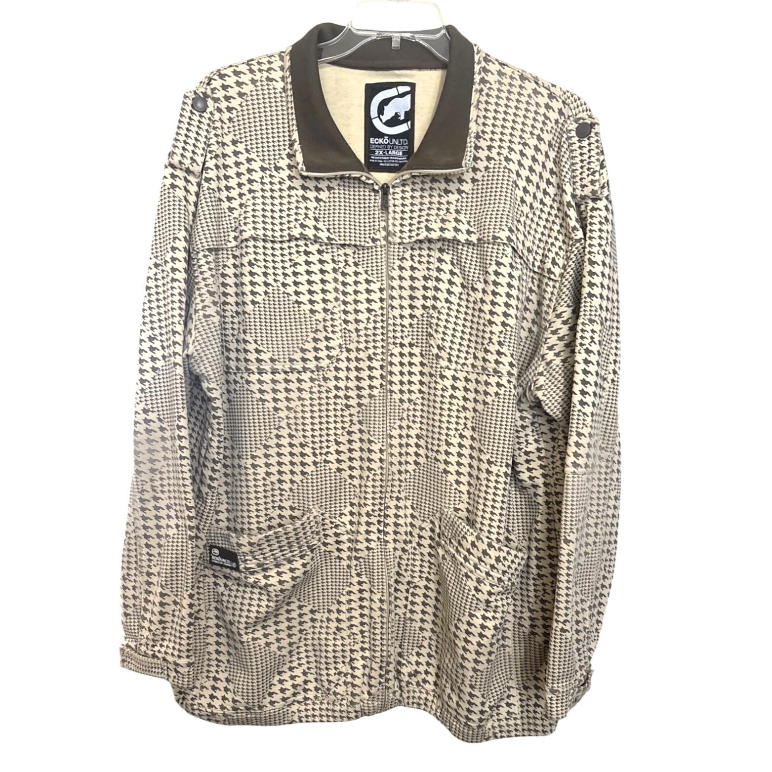 Ecko Unltd 2XL Houndstooth Jacket Y2K Cyber Punk Cream Brown Full