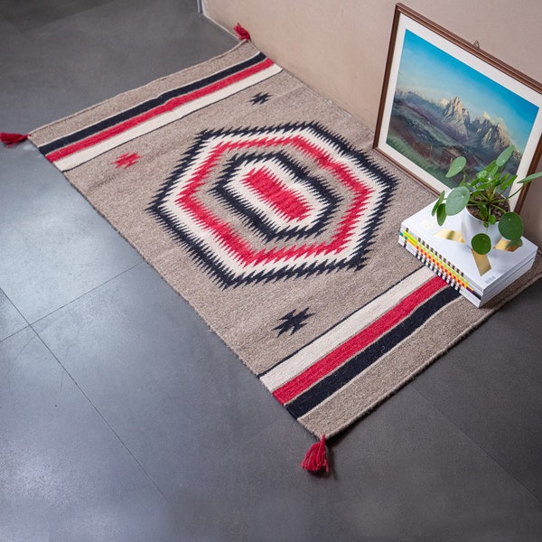 4.2 x 2.6 ft - 129 x 81 cm  Navajo Kilim Rug, Southwestern Rug, Geometric Rug, Aztec Carpet Indios, Native American Rug, Native Tribal Rug