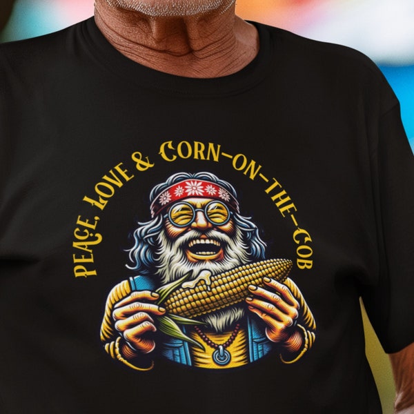 Peace, Love & Corn-on-the-Cob T-Shirt - Hippie Festival Tee with Vibrant Corn Graphics, Summer Outdoor Concert Clothing