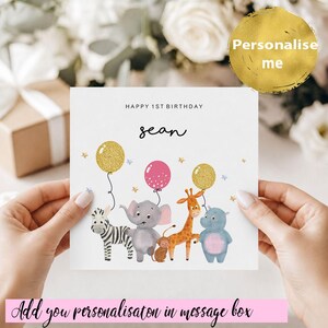 Personalised happy 1st birthday card, animal 1st birthday card, boy birthday card, safari birthday card, cute Animal greeting card
