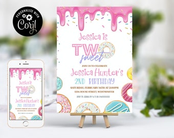 Editierbare Donut Geburtstagseinladung, Mädchen Donut 2nd Birthday Party, Pink Donut Birthday Party Instant Download Corjl