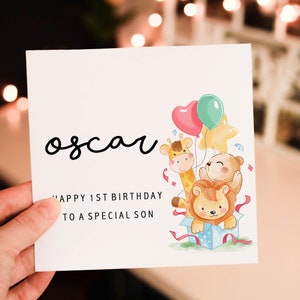 Personalised happy 1st birthday card, animal 1st birthday card, boy birthday card, safari birthday card, cute safari greeting card