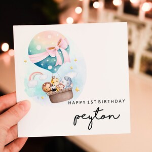 Personalised Hot Air Balloon 1st birthday card, animal 1st birthday card, boy birthday card, safari birthday card, cute safari greeting card