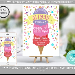 Editable Ice Cream Birthday Invitation,  First Birthday Party, Here&#39;s the Scoop , Printable Template,  Instant download, Corjl