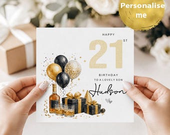 Personalised 21st Birthday Card for Son | Black & Gold Whisky Birthday Card | 21st Card for Him | Milestone Birthday Card | Any Name Son