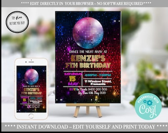 Tema discoteca Birthday Girl Invitation Personalizzato Stampabile Download istantaneo Modificabile digitale in Corjl