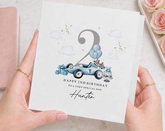 Personalised 2nd Birthday Card for Son | Blue Race Car Second Birthday Card | Birthday Boy Card | Any Name Card | Cute Racing Car Card Kid