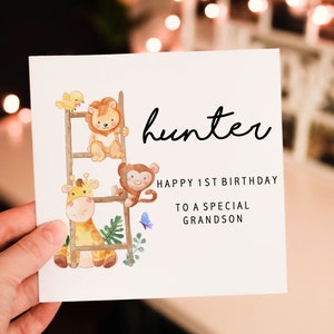 Personalised happy 1st birthday card, animal 1st birthday card, boy birthday card, safari birthday card, cute safari greeting card