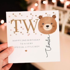 Personalised happy 2nd birthday card, Bear 2nd birthday card, boy birthday card, Teddy Bear birthday card, cute safari greeting card
