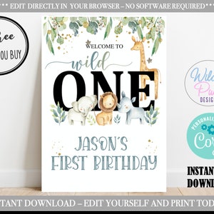 Safari Wild One Birthday Welcome sign, Safari Wild one Sign 1st Birthday Party Invitations Safari Girl invite Instant Download, Corjl