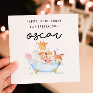 Personalised happy 1st birthday card, animal 1st birthday card, boy birthday card, safari birthday card, cute safari greeting card
