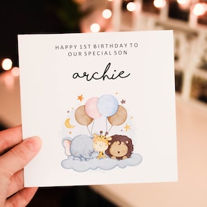Personalised happy 1st birthday card, animal 1st birthday card, boy birthday card, safari birthday card, cute safari greeting card