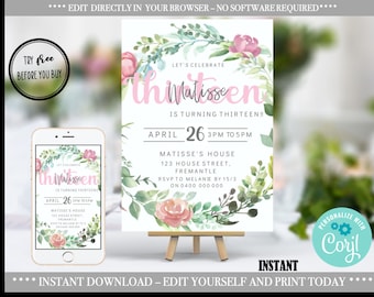 13th birthday girl invite, teen girl birthday, floral birthday invitation, sweet sixteen birthday, floral birthday, Instant download, Corjl