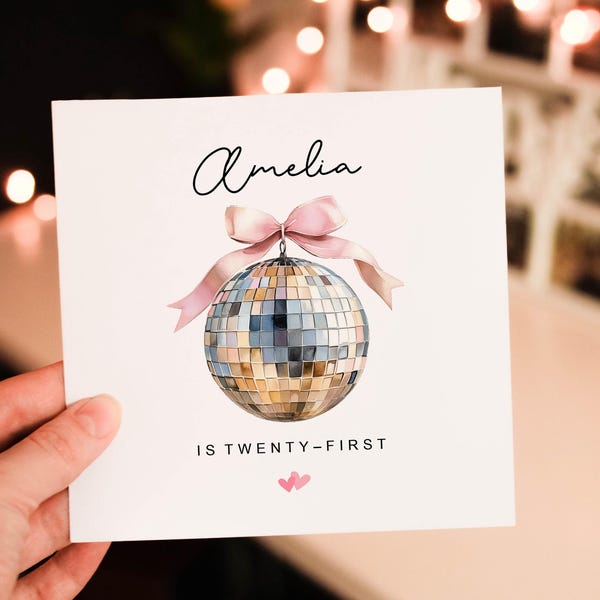 Personalised Disco Happy 21st birthday card, Number 21st birthday card, Cute Disco bow 21 st birthday card, cute ball number greeting card