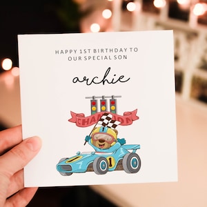 Personalised Race Car happy 1st birthday card, animal 1st birthday card, boy birthday card, Car birthday card, cute safari greeting card