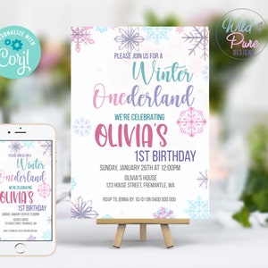Winter Onederland Invitation Pink & Silver Winter Onederland Invitation Snowflake Winter Party Instant Download Corjl