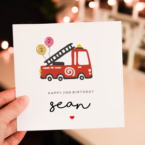 Personalised Boys Fire Truck 2nd Birthday Card For Son, Construction Birthday Card, Happy 2nd Birthday, 2nd Birthday Card