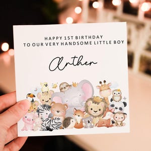 Personalised happy 1st birthday card, animal 1st birthday card, boy birthday card, safari birthday card, cute safari greeting card