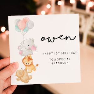 Personalised happy 1st birthday card, animal 1st birthday card, boy birthday card, safari birthday card, cute safari greeting card
