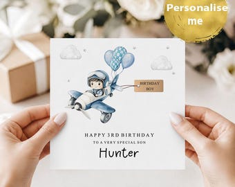Personalised 3rd Birthday Card for Son | Aeroplane Birthday Boy Card | Any Age & Name | Cute Plane Card for Boys | Third Birthday Card Kids