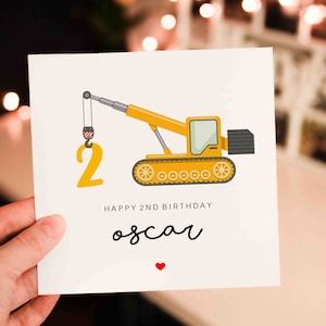 Personalised Boys Crane 2nd Birthday Card For Son, Construction Birthday Card, Happy 2nd Birthday, 2nd Birthday Card