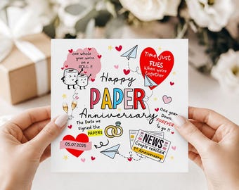Puede incluir: Una tarjeta blanca con las palabras "Happy Paper Anniversary" en letras coloridas. La tarjeta presenta ilustraciones de corazones, aviones de papel, copas de champán y la fecha 05.07.2025. El texto incluye "Time just flies" y "One year down, forever to go."