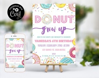 Donut Grow Up Verjaardag Uitnodiging, Donut Grown Up Uitnodigen Donut 1e verjaardagsfeest uitnodigingen donut Meisje nodigen Instant Download