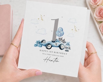 Personalised 1st Birthday Card for Son | Blue Race Car First Birthday Card | Birthday Boy Card | Any Name Card | Cute Racing Car Card Kid