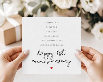 Puede incluir: Una tarjeta blanca sostenida por manos, con el texto "12 MESES, 52 SEMANAS, 365 DÍAS, 8.760 HORAS, 525.600 MINUTOS, 31.536.000 SEGUNDOS." Debajo, "happy 1st anniversary" con un pequeño corazón rojo. Flores blancas y regalo en el fondo.