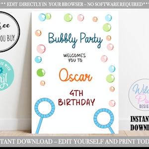 Bubble  Birthday Welcome sign, Bubble Sign 1st Birthday Party Invitations Birthday boy invite Instant Download, Corjl
