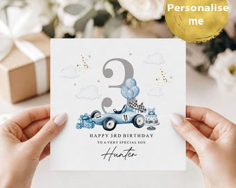 Personalised 3rd Birthday Card for Son | Blue Race Car Third Birthday Card | Birthday Boy Card | Any Name Card | Cute Racing Car Card Kid
