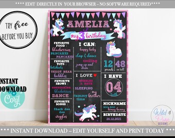 May include: A personalized birthday chalkboard sign featuring a unicorn theme. The sign includes the name "Amelia", age, favorite things, and a weight of 12.48 pounds. The sign is designed with pink, purple, and teal colors.