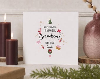 Grandson Christmas Card, Personalised Christmas Card for Grandson, Custom Xmas Card from Grandma and Grandpa, Cute Festive Card