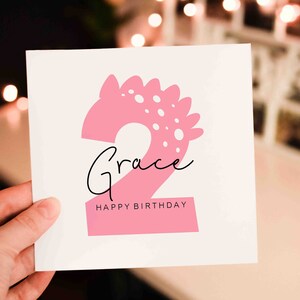 Personalised Happy 2nd birthday card, Number 2nd birthday card, Girl birthday card, Dino birthday card, cute dino number greeting card