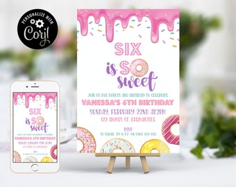 Donut Invitation, Six is So Sweet Invitation, Donut Birthday Invitation, Donut Template Download,  So Sweet, 6th Birthday, 4x6 5x7, Corjl